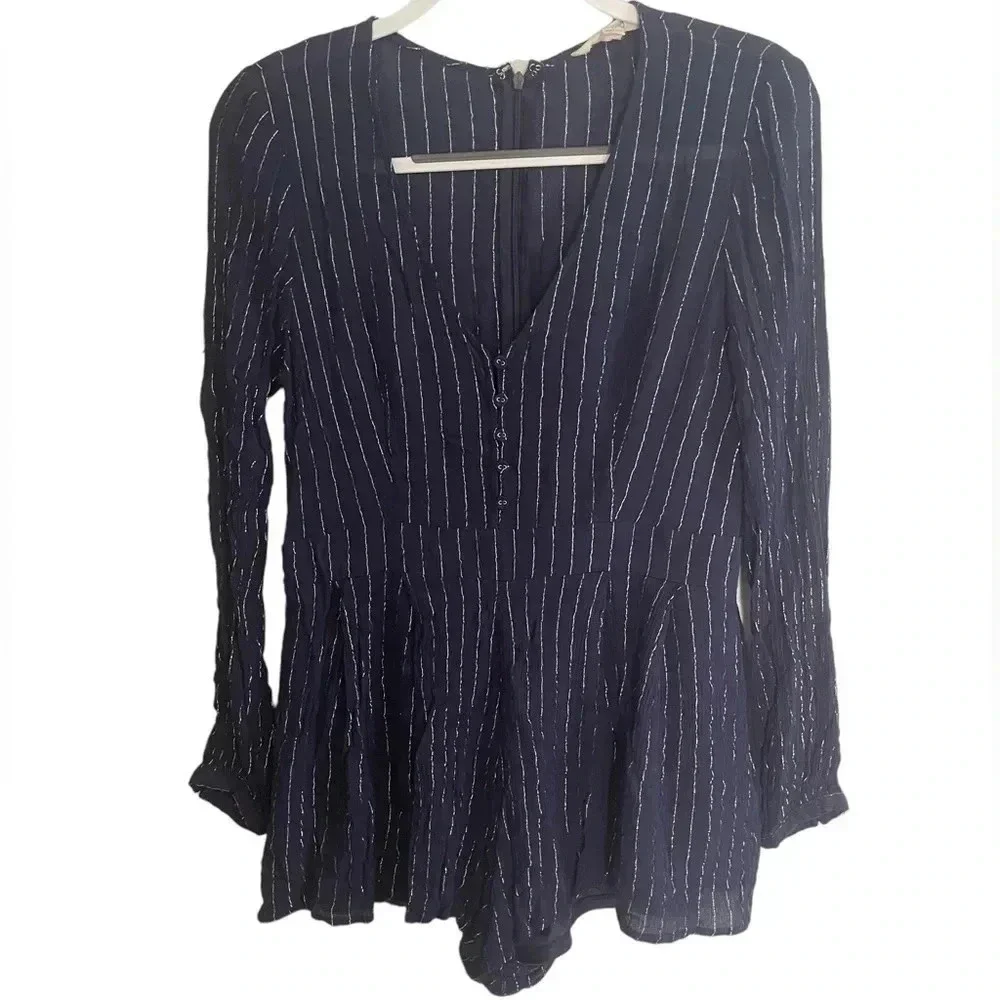 ☀️One the Land Women’s Blue with Metallic Stripes Romper